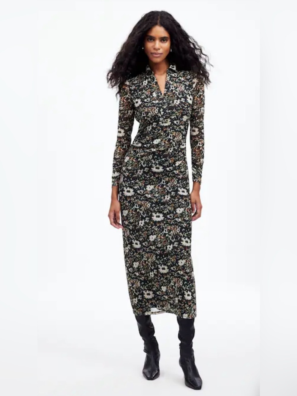 Madewell Long-Sleeve Polo Midi Dress in Floral